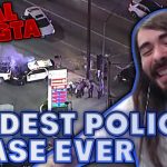 Wild police chase scene and smiling man