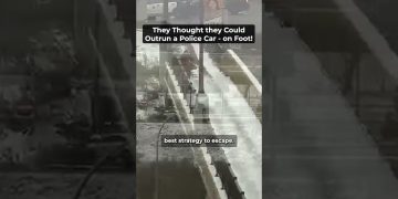 Police car pursuit captures fleeing suspects on foot.