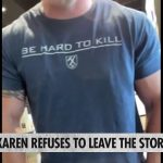 Man in store with 'Be Hard To Kill' shirt.