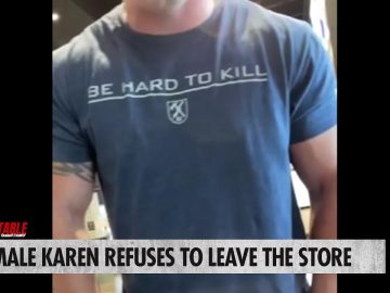 Man in store with 'Be Hard To Kill' shirt.