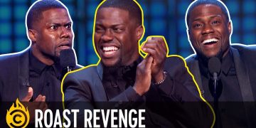 Comedian performing on stage, Roast Revenge event