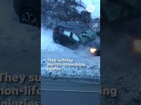 Car crash in snow, non-life-threatening injuries reported.