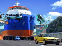 Giant container ship crashes into elevated highway bridge.