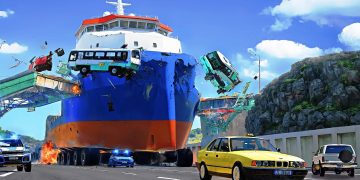 Giant container ship crashes into elevated highway bridge.