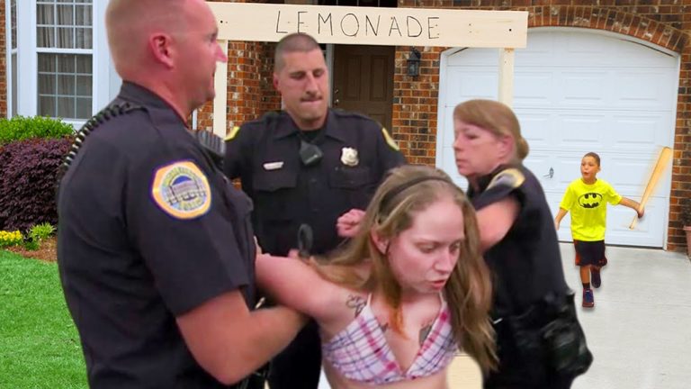 Woman arrested near lemonade stand, child in background.