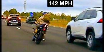 Motorcyclist speeding at 142 MPH on highway.