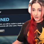 Surprised woman sees Steam banned notification.