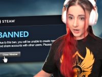 Surprised woman sees Steam banned notification.