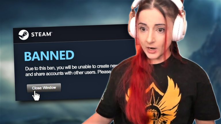 Surprised woman sees Steam banned notification.