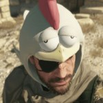 Man in chicken hat and eye patch outdoors.