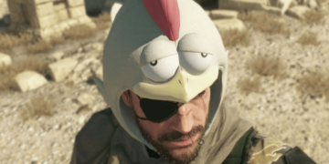 Man in chicken hat and eye patch outdoors.