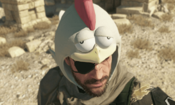 Man in chicken hat and eye patch outdoors.