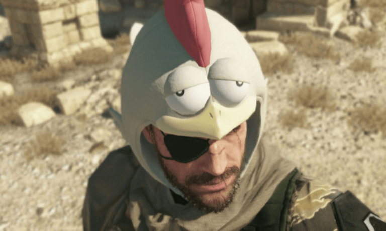 Man in chicken hat and eye patch outdoors.