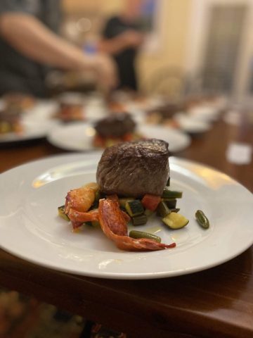 Grilled steak with mixed vegetables on plate