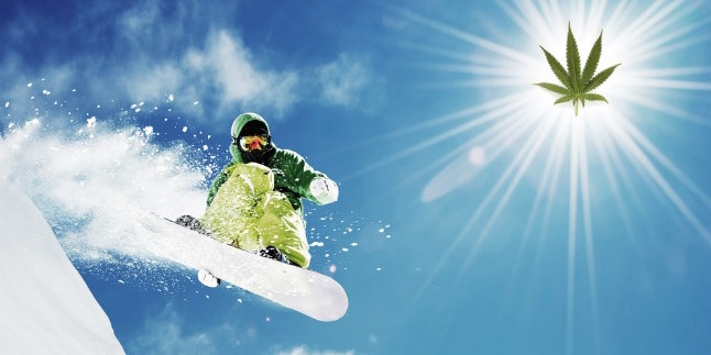 Snowboarder jumps under bright sun with leaf symbol.