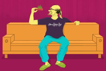 Illustrated man with plant on sofa, colorful background.