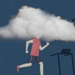 Person with cloudy head runs on treadmill.