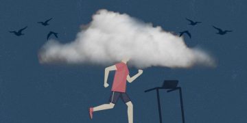 Person with cloudy head runs on treadmill.